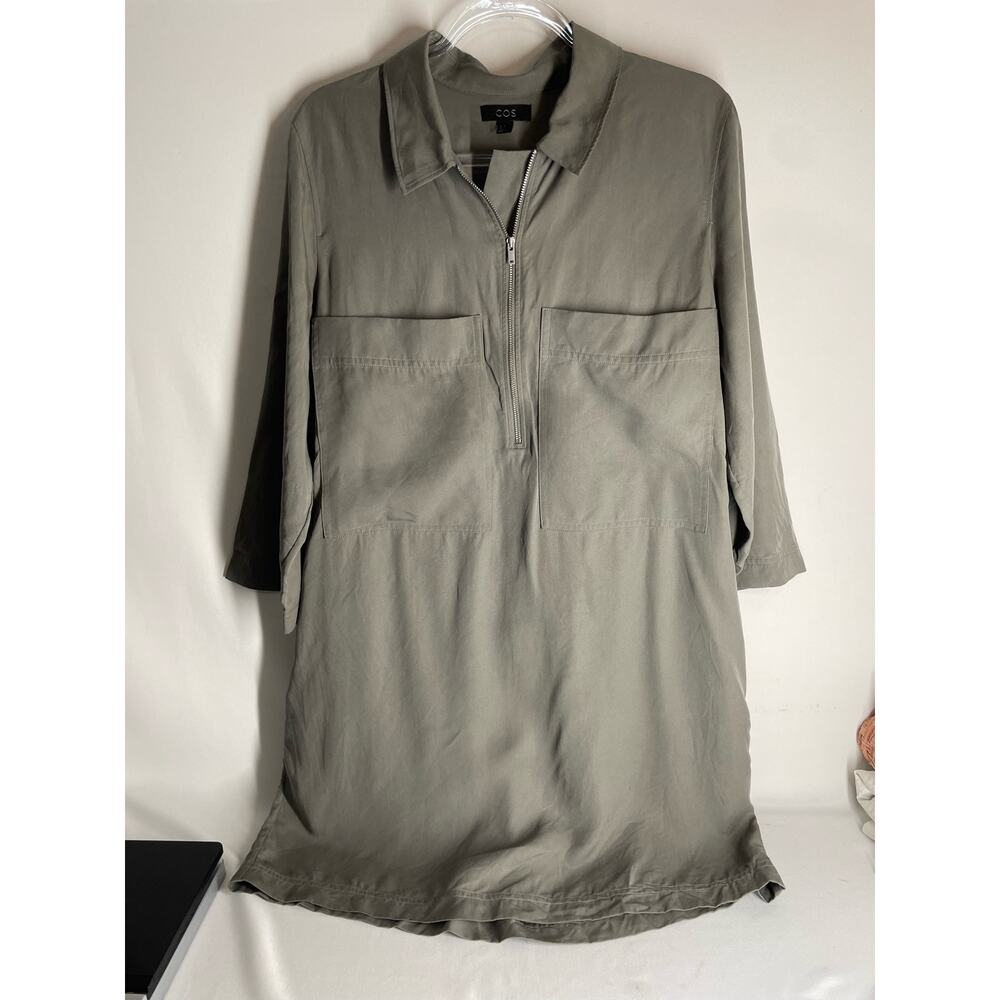 Cos Khaki Zip Front Dress Size 12 Utility Workwear 100% Lyocell Olive Green